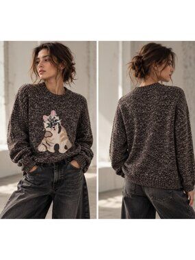 Women's 100% Cashmere Cat Applique Marled Brown Crewneck Sweater Size L